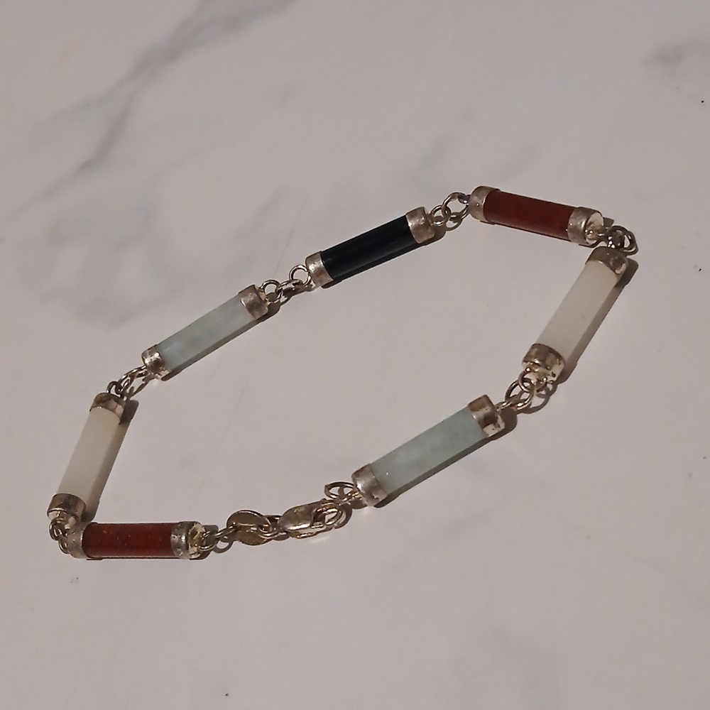 Sterling Silver Cylinder Bead Gemstone Bracelet 7" Vintage